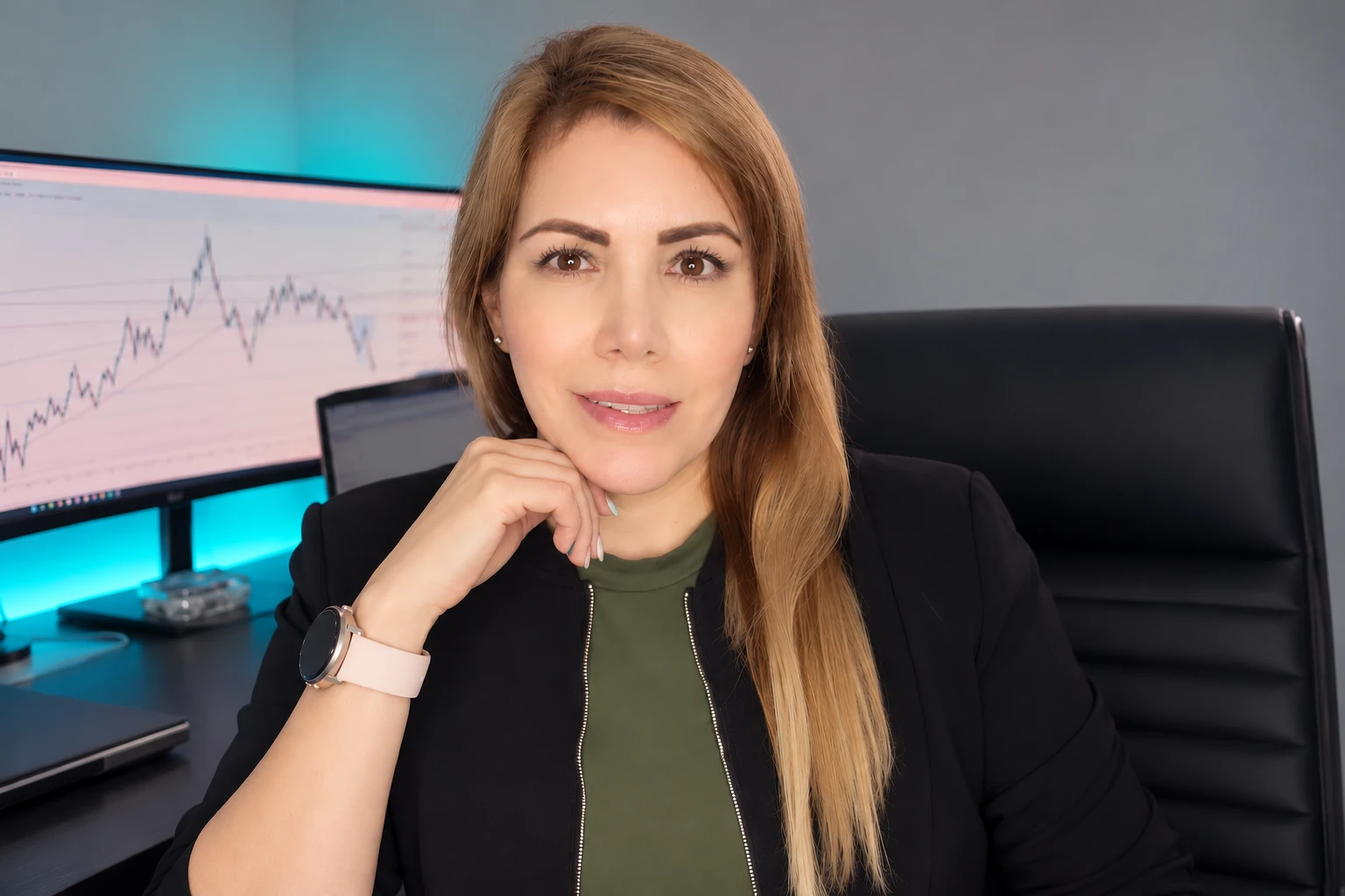 Dey Cazarez, fundadora de Trading Focus Lab, en su estación de trading