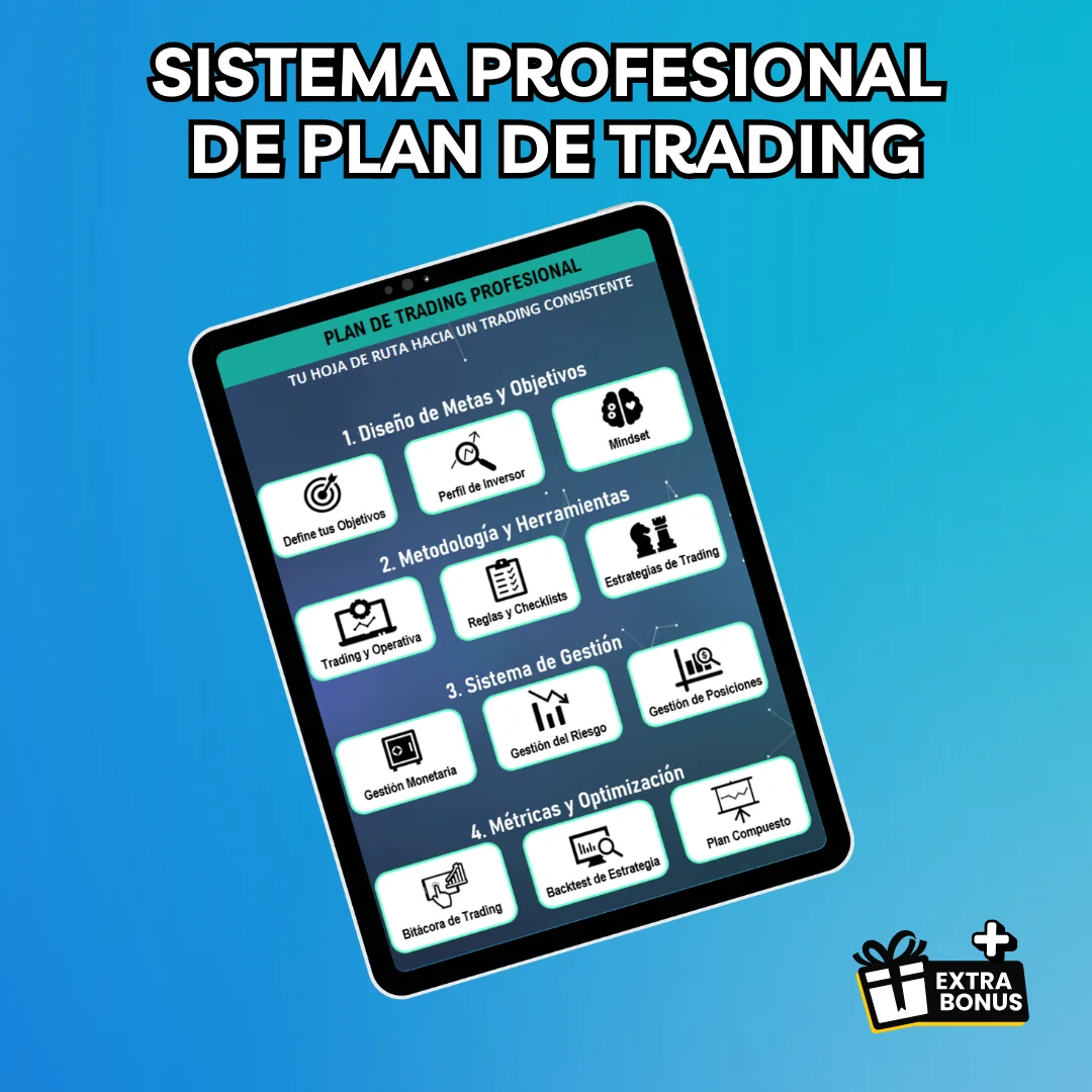 La plantilla Plan de Trading Profesional abierta en una tableta, con sus cuatro bloques y doce módulos