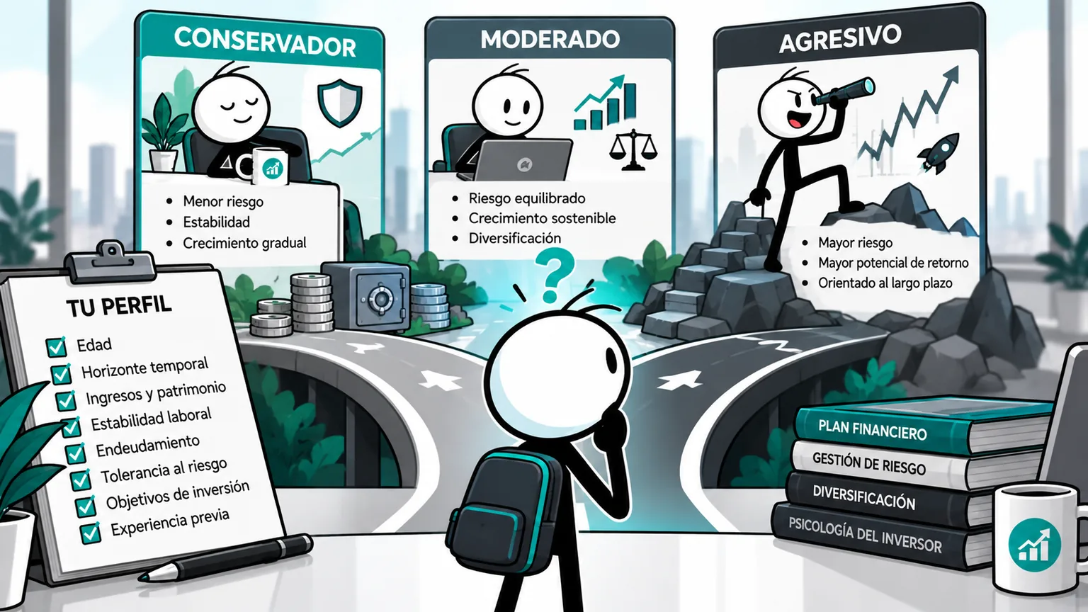 Ilustracion: una persona ante un cruce de caminos y tres fichas, conservador, moderado y agresivo, con la lista de factores que definen el perfil